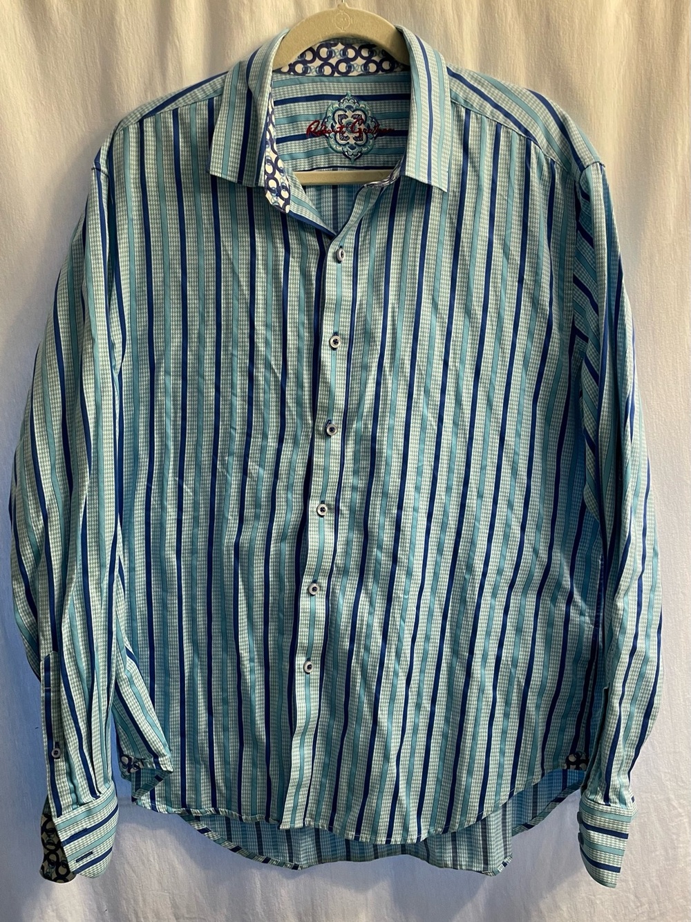 Robert Graham Mens 2XL XXL Blue Striped Flip Cuff Tailored Fit Long Sleeve Shirt